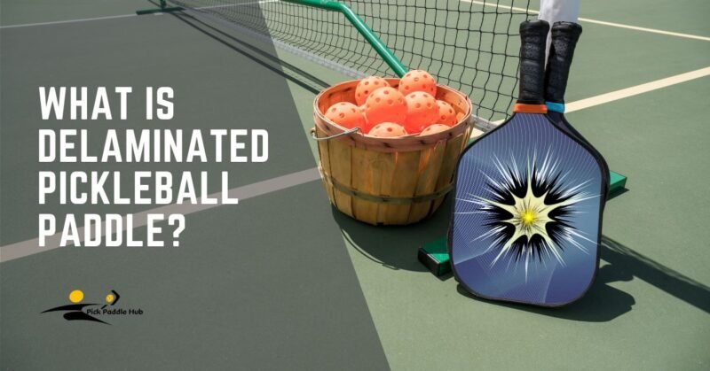 Pickleball paddle with delamination damage near a basket of balls