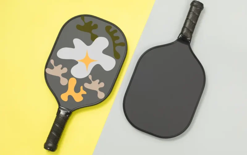 Camo and black pickleball paddles side by side, showing style variety