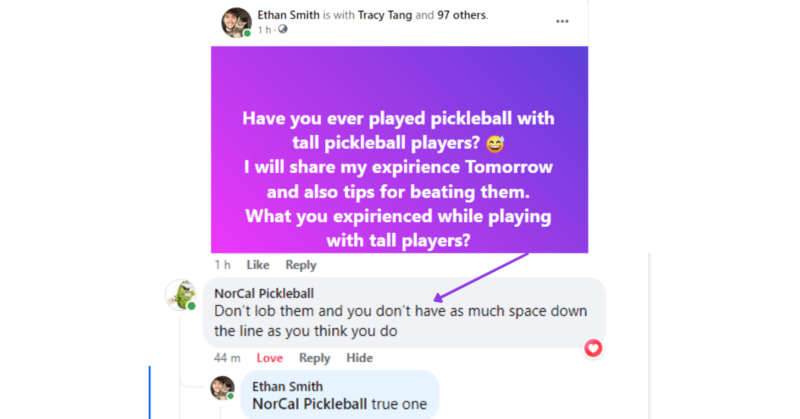 Facebook post about how to play against tall pickleball players