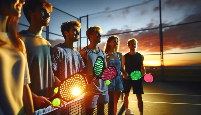 a group of glow in the dark pickleball players with paddles and balls in hand