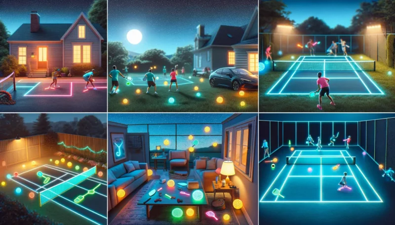collage of different places to play glowing pickleball