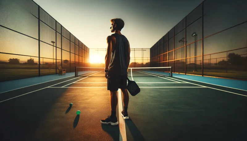 player thinking about how to join a pickleball league on court in sunset